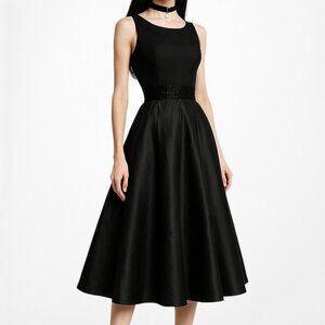 Vintage Y2K Black Satin Pleated Flared Knee Length Skater Dress Size 6/M